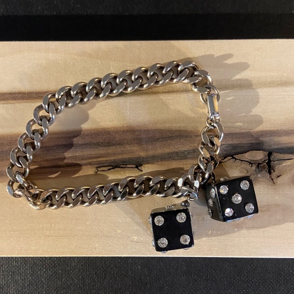 SUPER RARE VTG Bakelite/Glass Rhinestone Dice/Stainless Cuban Chain 7” - Picture 3 of 7